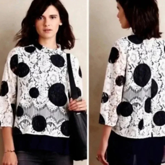 Anthropologie HD In Paris Rochelle Polka Dot Lace Top Blouse Navy Size 4 Small - Picture 2 of 8